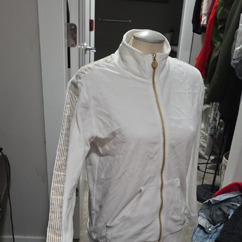 Emporio Armani EA7 White Velour Track Jacket with Gold Zipper